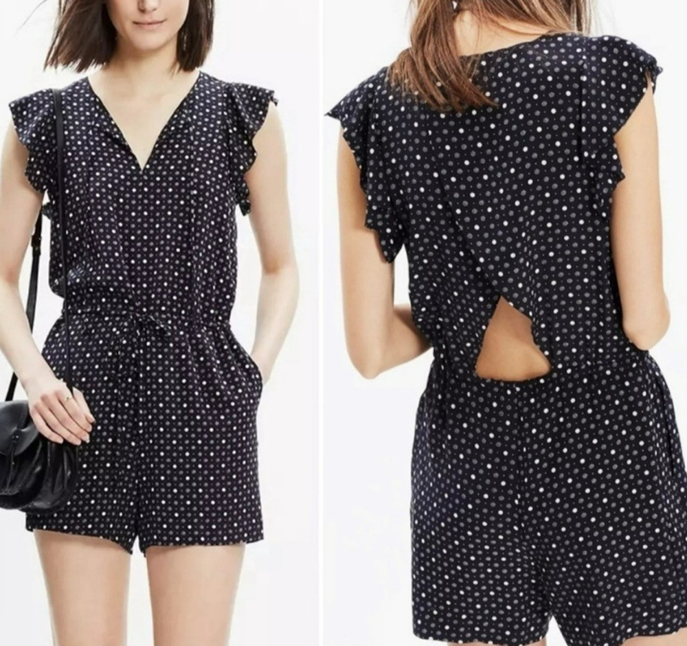 Madewell Petalplay Silk Romper Size XS Black White Polka Dot Drawstring Waist